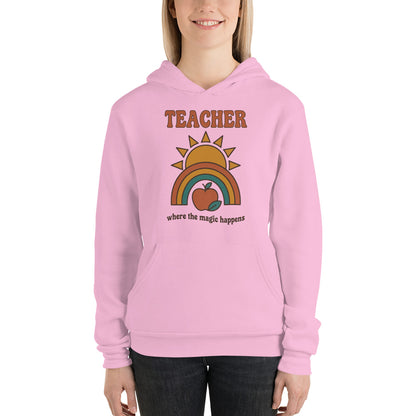 Teacher Where The Magic Happens retro groovy teacher hoodie — Lilac, on model