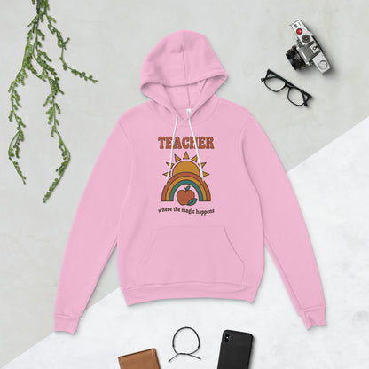 Teacher Where The Magic Happens retro groovy teacher hoodie — Lilac, flat lay