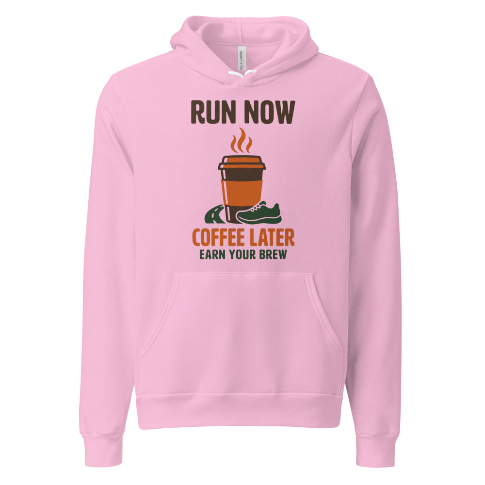 Run Now Coffee Later funny running hoodie — Lilac, front