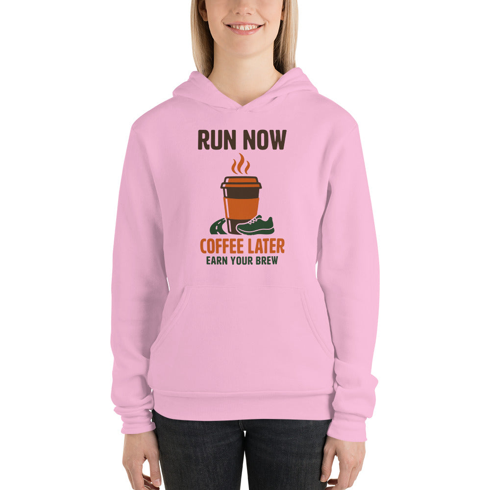 Run Now Coffee Later funny running hoodie — Lilac, on model