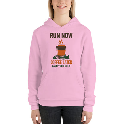 Run Now Coffee Later funny running hoodie — Lilac, on model