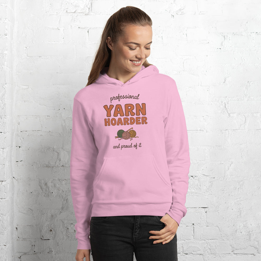 Professional Yarn Hoarder crochet cottagecore hoodie — Lilac, on model