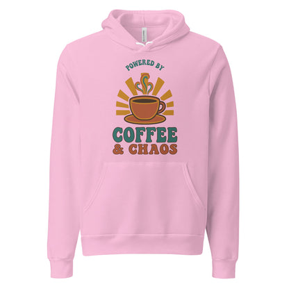 Powered By Coffee And Chaos retro groovy teacher hoodie — Lilac, front