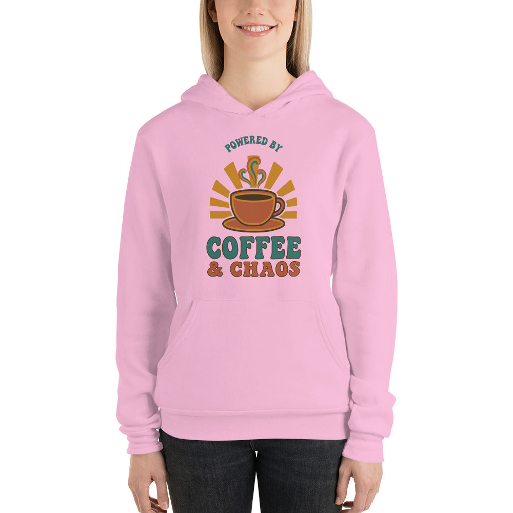 Powered By Coffee And Chaos retro groovy teacher hoodie — Lilac, on model