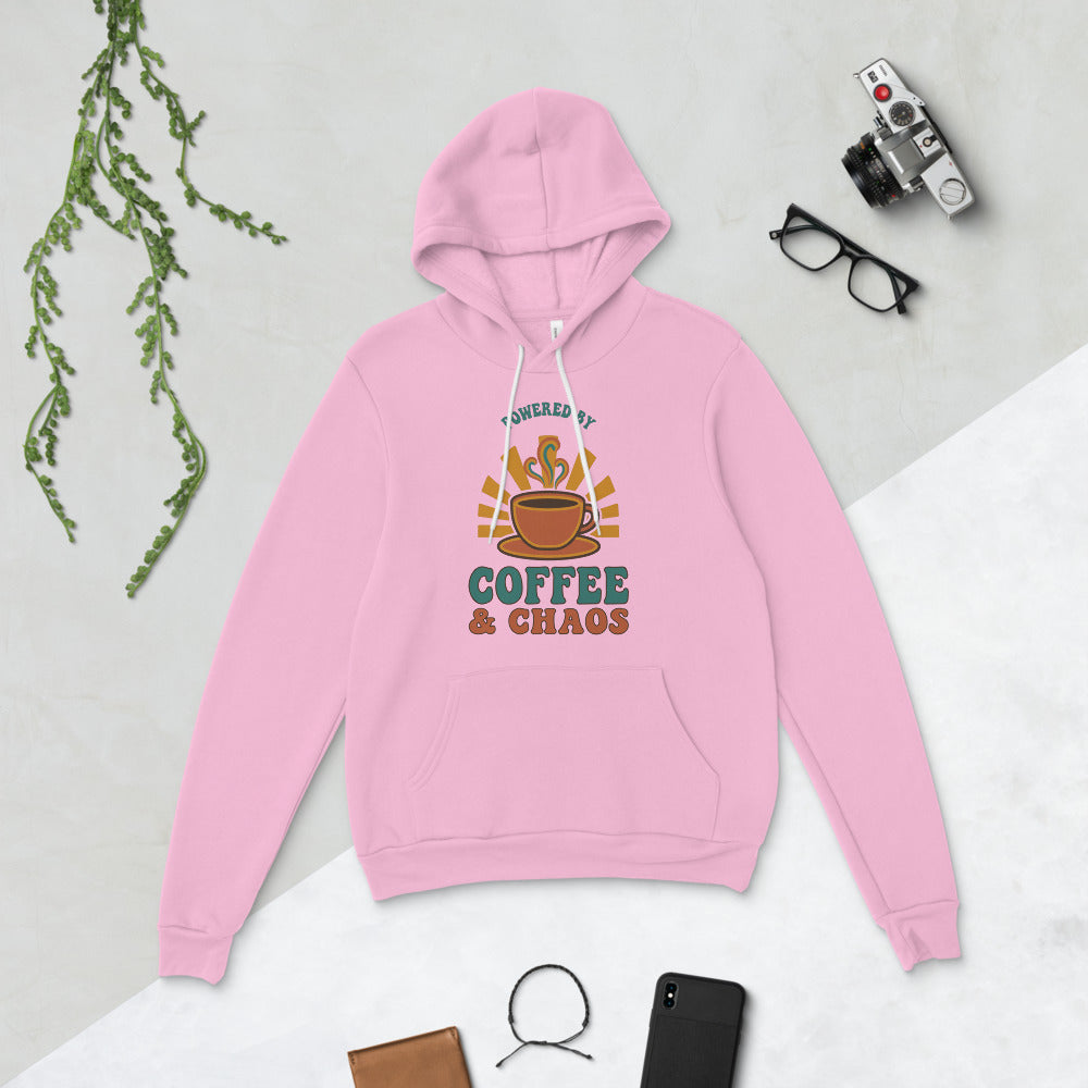 Powered By Coffee And Chaos retro groovy teacher hoodie — Lilac, flat lay