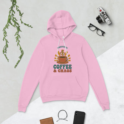 Powered By Coffee And Chaos retro groovy teacher hoodie — Lilac, flat lay