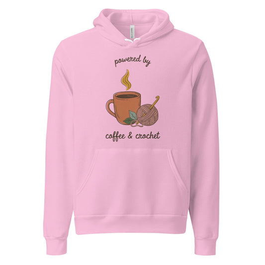 Powered by Coffee and Crochet cottagecore crochet hoodie — Lilac, front