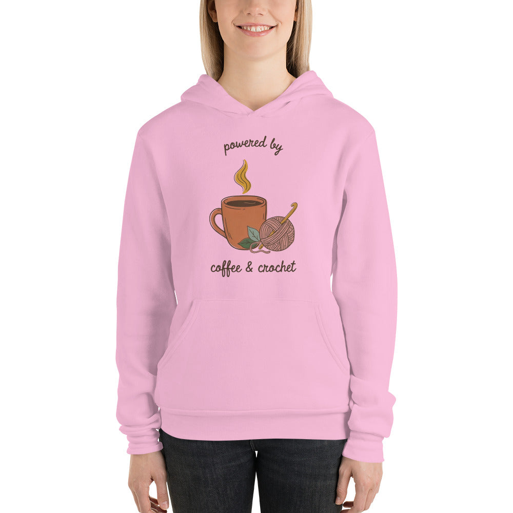 Powered by Coffee and Crochet cottagecore crochet hoodie — Lilac, on model