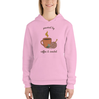 Powered by Coffee and Crochet cottagecore crochet hoodie — Lilac, on model