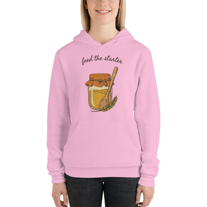 Feed The Starter sourdough baker hoodie — Lilac, on model