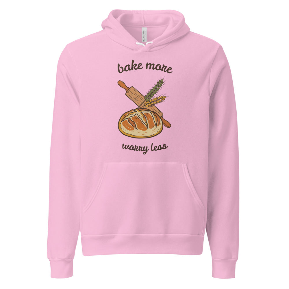 Bake More Worry Less retro kitchen sourdough hoodie — Lilac, front
