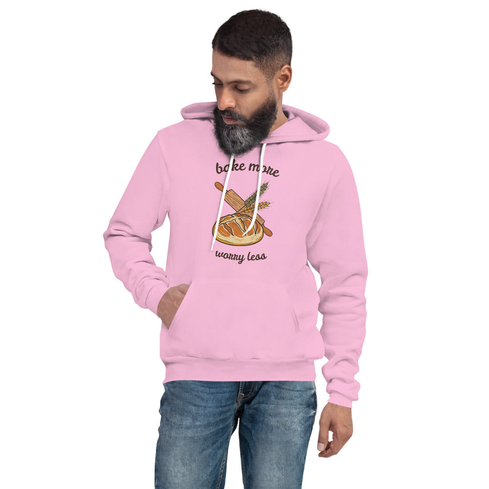 Bake More Worry Less retro kitchen sourdough hoodie — Lilac, on model