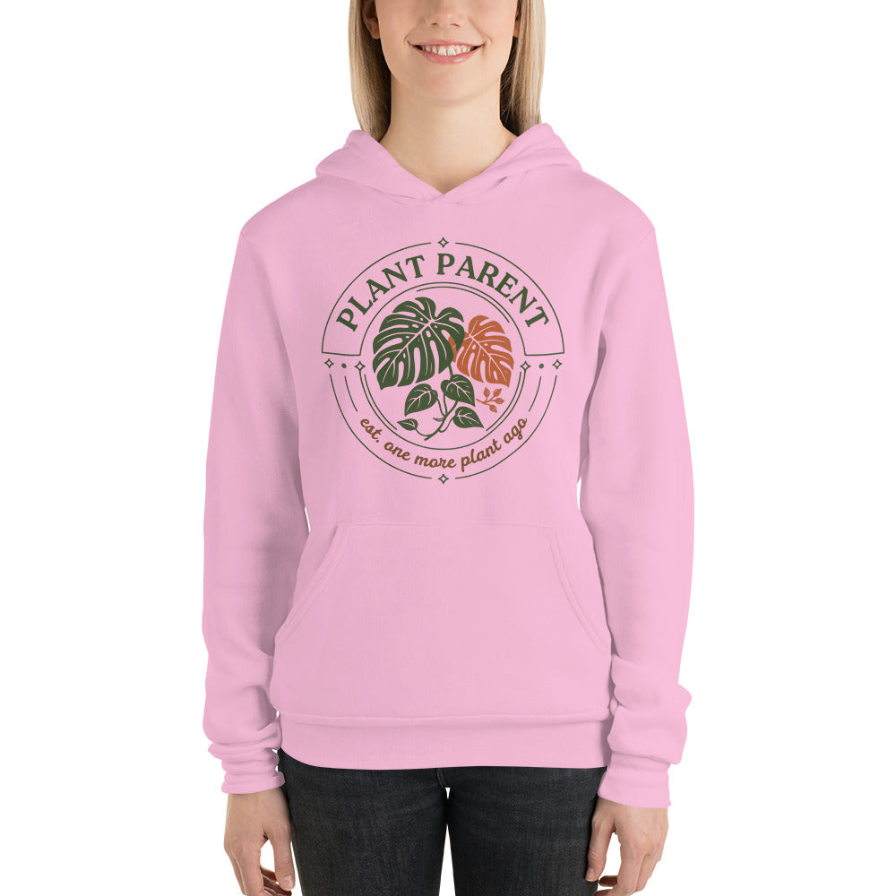 Plant Parent retro botanical badge hoodie — Lilac, on model
