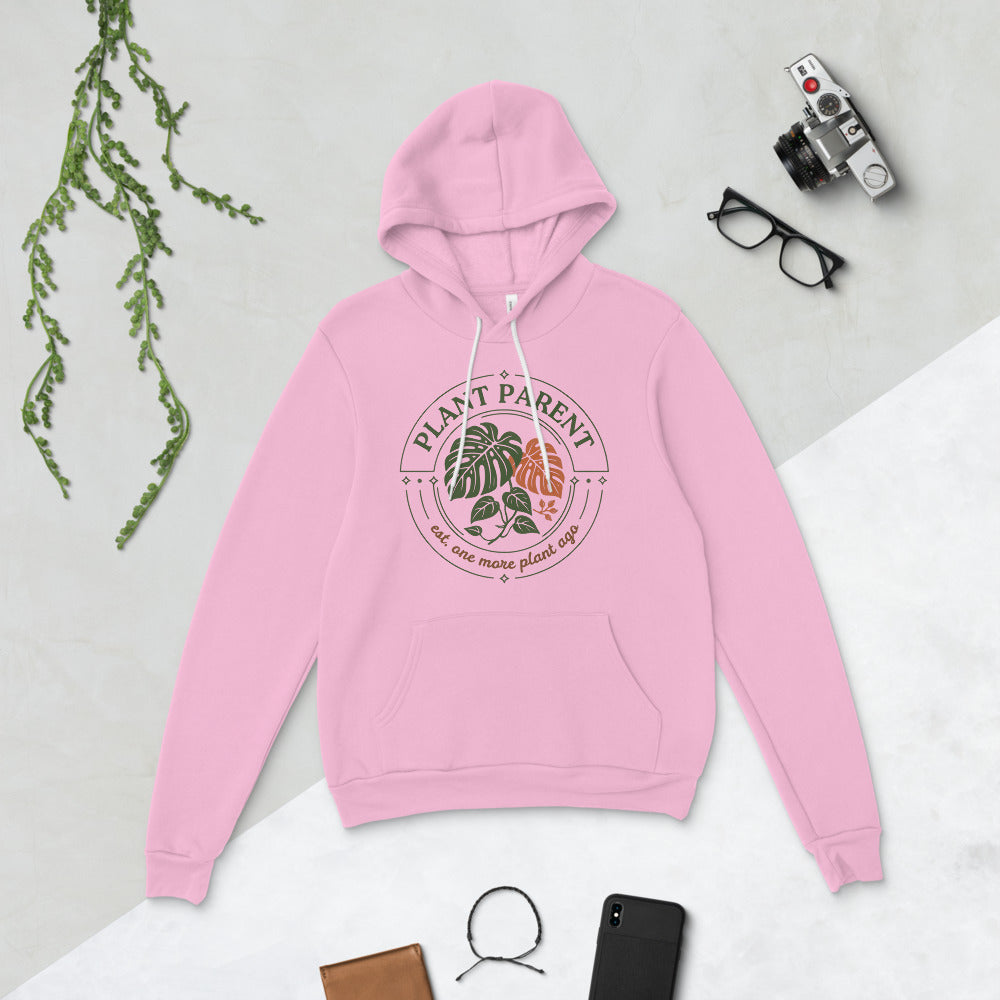 Plant Parent retro botanical badge hoodie — Lilac, flat lay