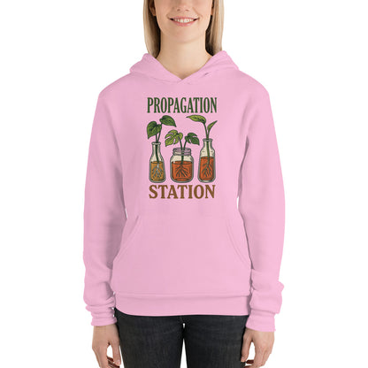 Propagation Station retro botanical plant lover hoodie — Lilac, on model