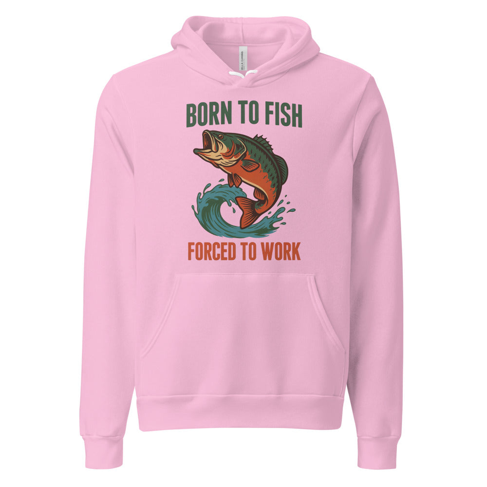 Born to Fish Forced to Work retro fishing humor hoodie — Lilac, front