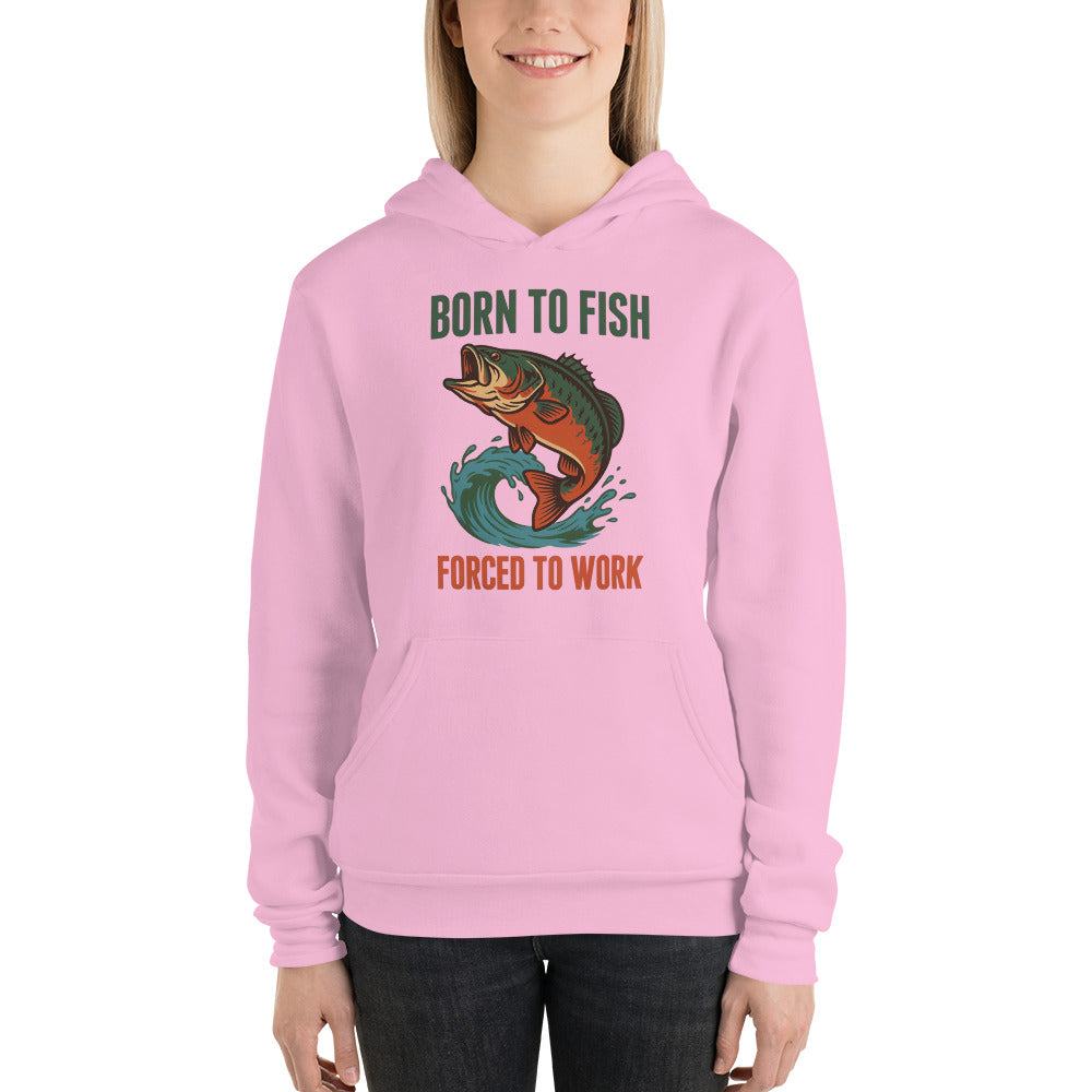 Born to Fish Forced to Work retro fishing humor hoodie — Lilac, on model