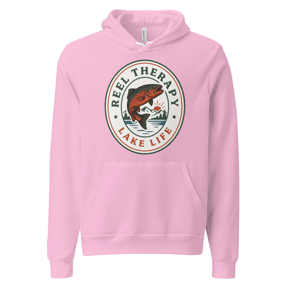Reel Therapy retro national-park trout badge fishing hoodie — Lilac, front