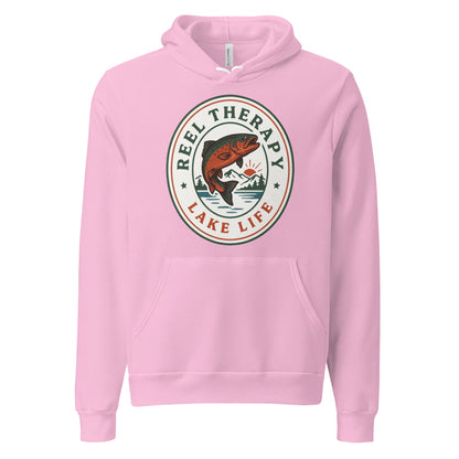 Reel Therapy retro national-park trout badge fishing hoodie — Lilac, front