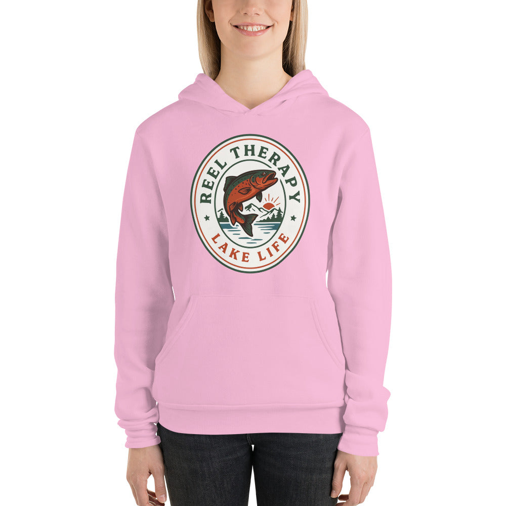 Reel Therapy retro national-park trout badge fishing hoodie — Lilac, on model
