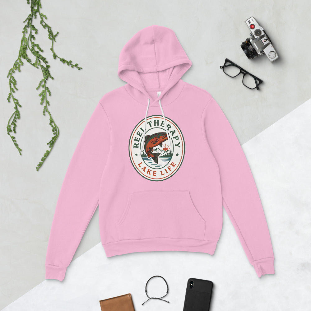 Reel Therapy retro national-park trout badge fishing hoodie — Lilac, flat lay