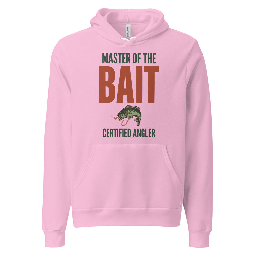 Master of the Bait retro fishing humor typography hoodie — Lilac, front