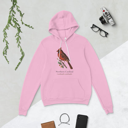 Northern Cardinal vintage field-guide hoodie — Lilac, flat lay