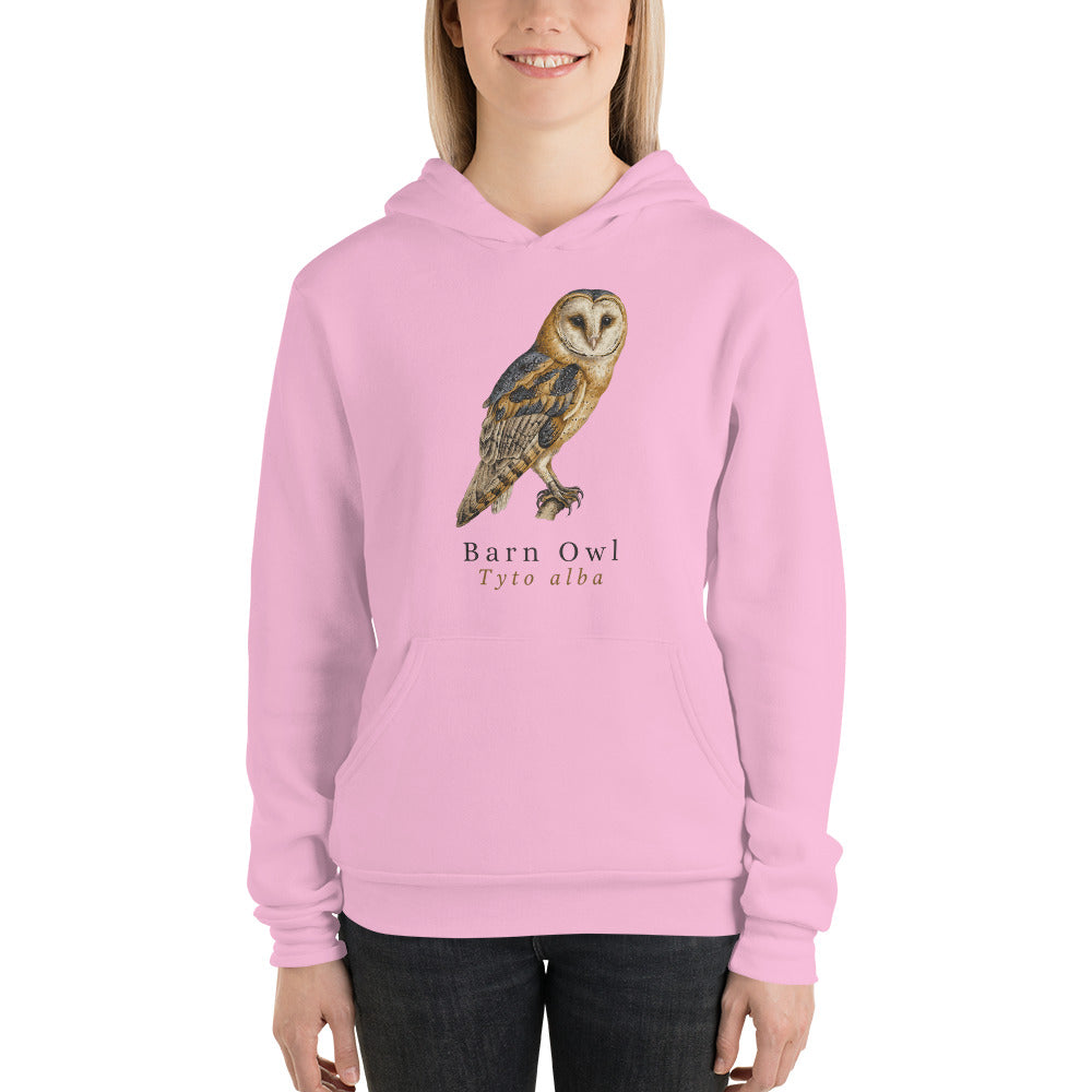 Barn Owl vintage field-guide hoodie — Lilac, on model