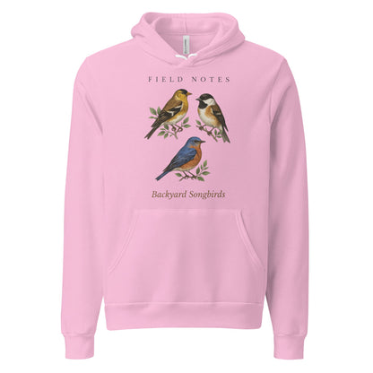 Backyard Songbirds vintage field-guide hoodie — Lilac, front