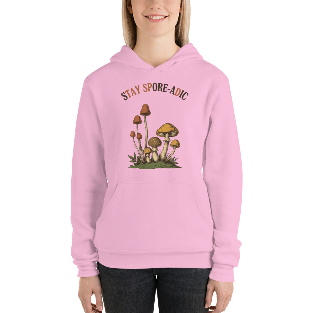 Stay Spore-adic funny vintage mushroom hoodie — Lilac, on model