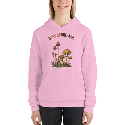Stay Spore-adic funny vintage mushroom hoodie — Lilac, on model