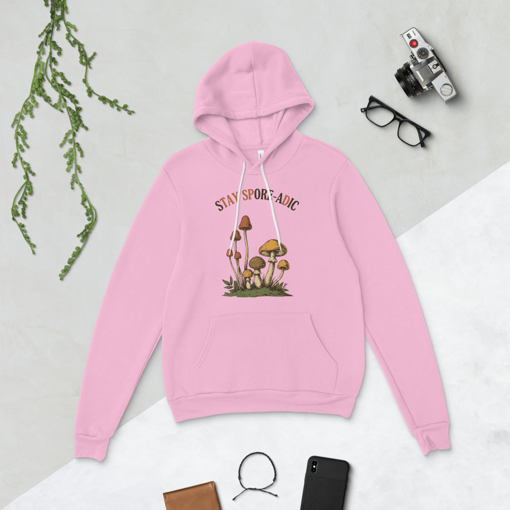 Stay Spore-adic funny vintage mushroom hoodie — Lilac, flat lay