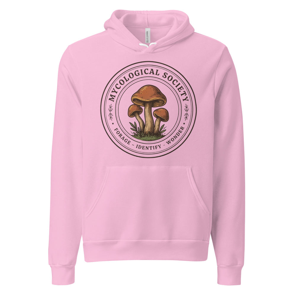 Mushroom Foraging Mycological Society vintage botanical hoodie — Lilac, front