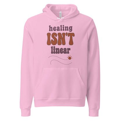Healing Isn't Linear soft retro mental health hoodie — Lilac, front