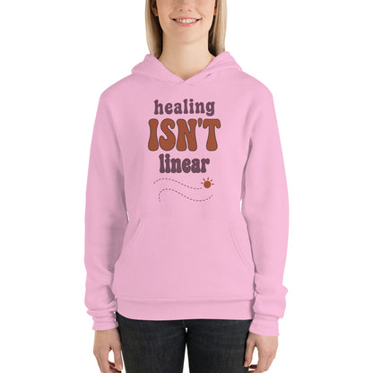 Healing Isn't Linear soft retro mental health hoodie — Lilac, on model