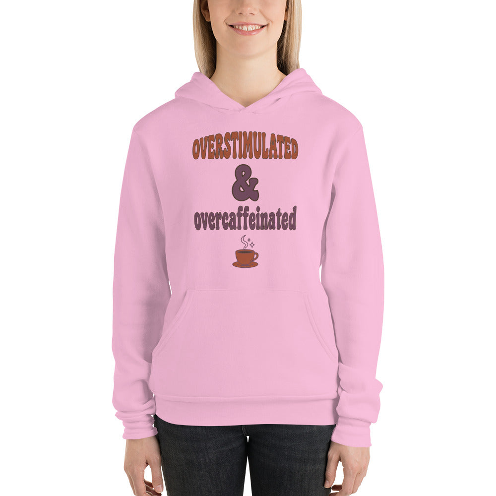 Overstimulated & Overcaffeinated soft retro coffee mental health hoodie — Lilac, on model