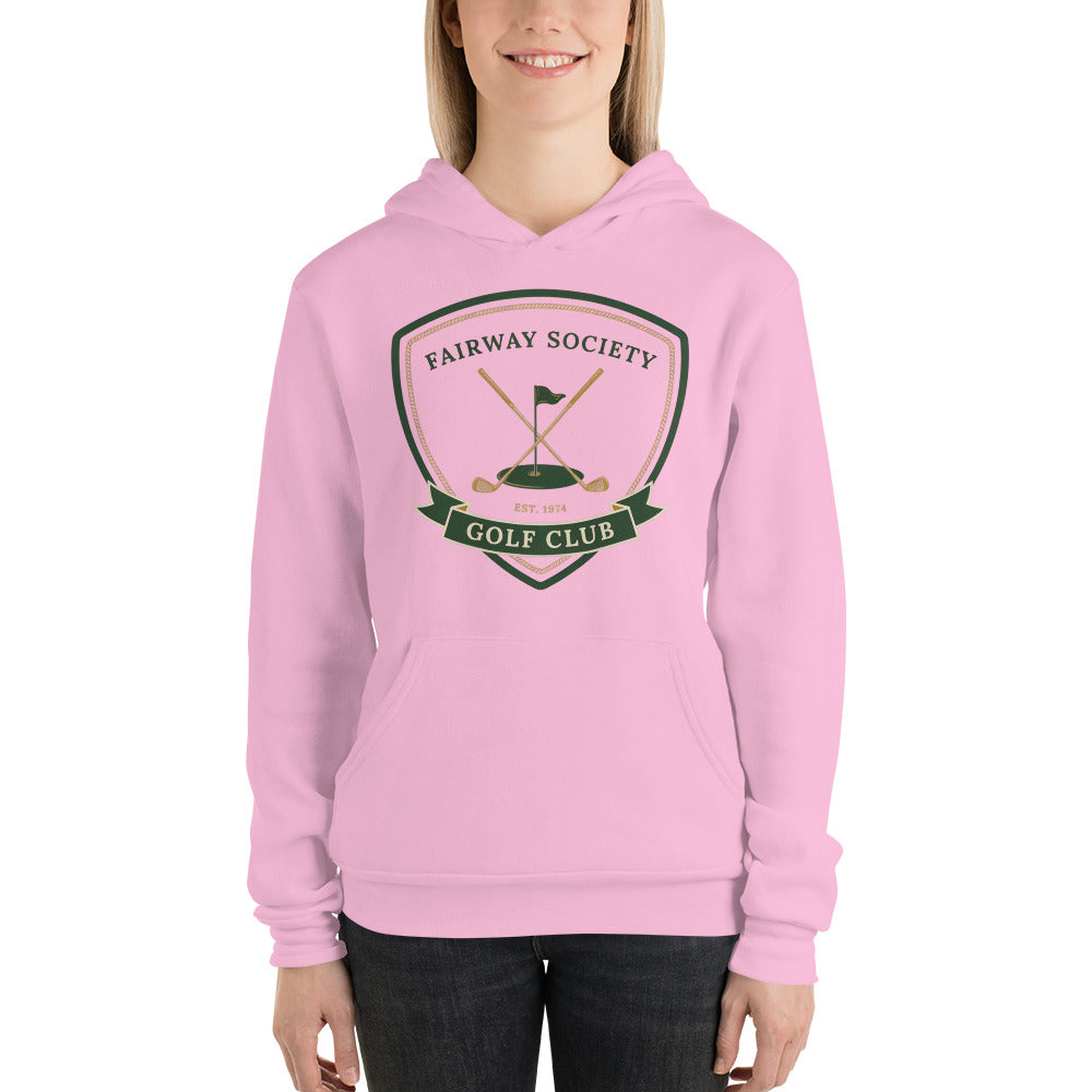 Fairway Society vintage golf club crest hoodie — Lilac, on model