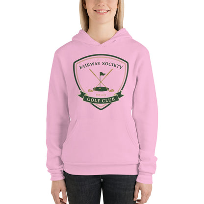 Fairway Society vintage golf club crest hoodie — Lilac, on model