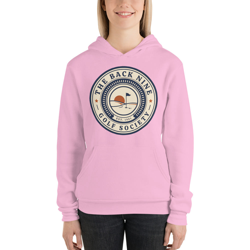 The Back Nine vintage golf roundel hoodie — Lilac, on model