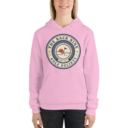 The Back Nine vintage golf roundel hoodie — Lilac, on model