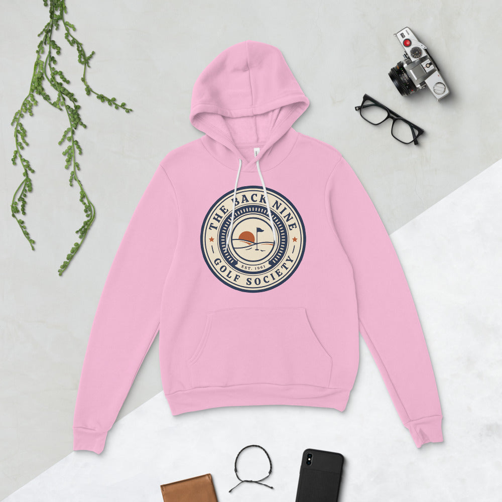 The Back Nine vintage golf roundel hoodie — Lilac, flat lay