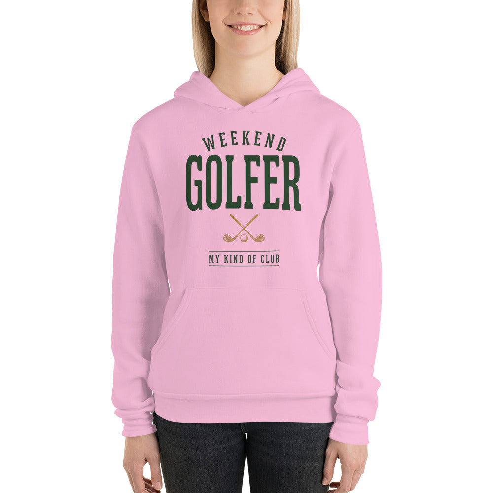 Weekend Golfer vintage golf wordmark hoodie — Lilac, on model