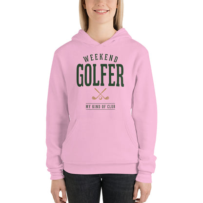 Weekend Golfer vintage golf wordmark hoodie — Lilac, on model