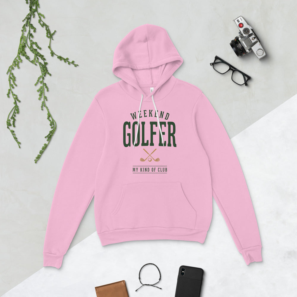 Weekend Golfer vintage golf wordmark hoodie — Lilac, flat lay