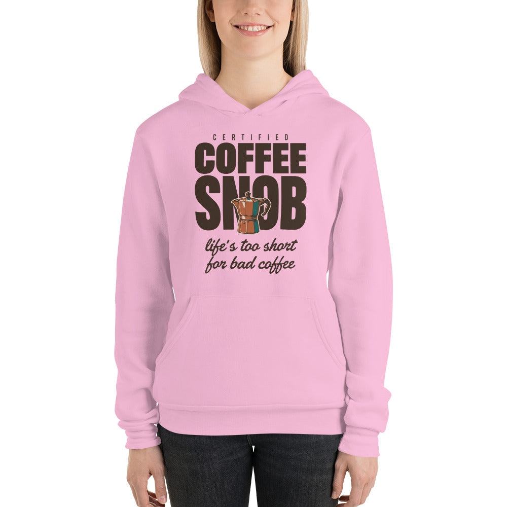 Certified Coffee Snob coffee hoodie — Lilac, on model