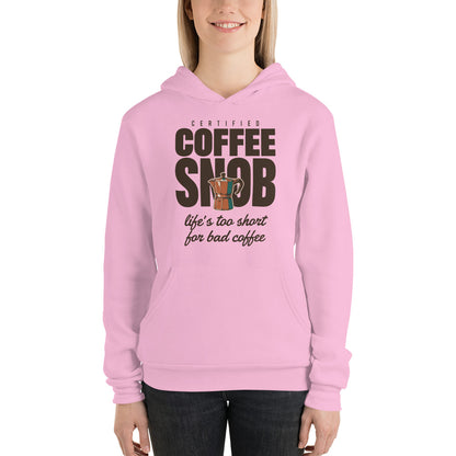 Certified Coffee Snob coffee hoodie — Lilac, on model