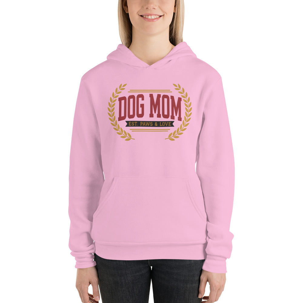 Dog Mom vintage varsity wordmark hoodie — Lilac, on model