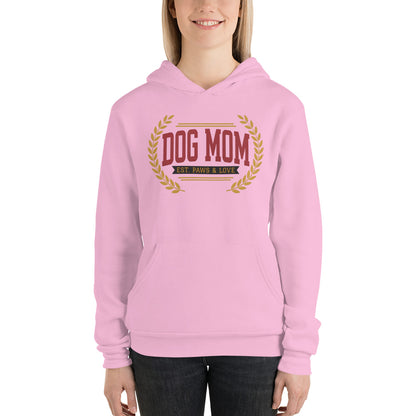 Dog Mom vintage varsity wordmark hoodie — Lilac, on model