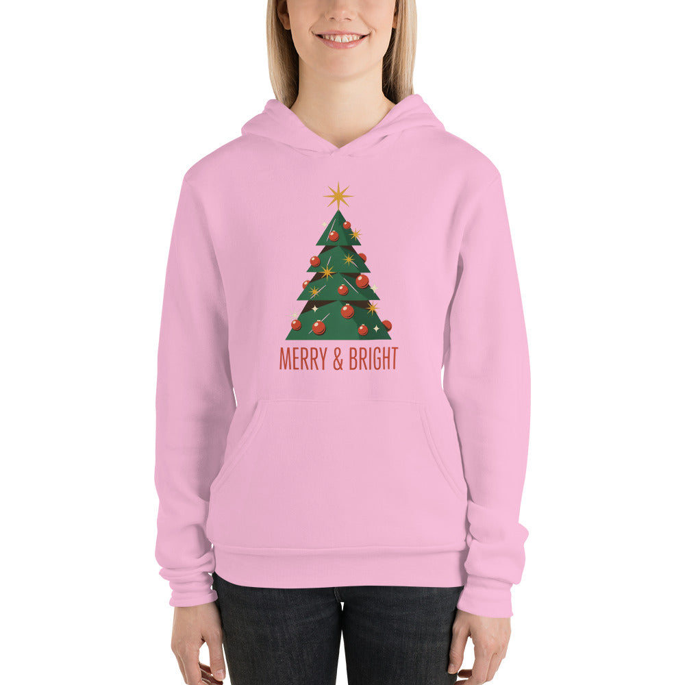 Atomic mid-century retro Christmas tree hoodie — Lilac, on model