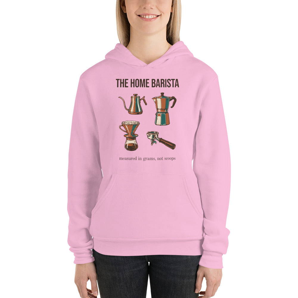 The Home Barista specialty coffee hoodie — Lilac, on model